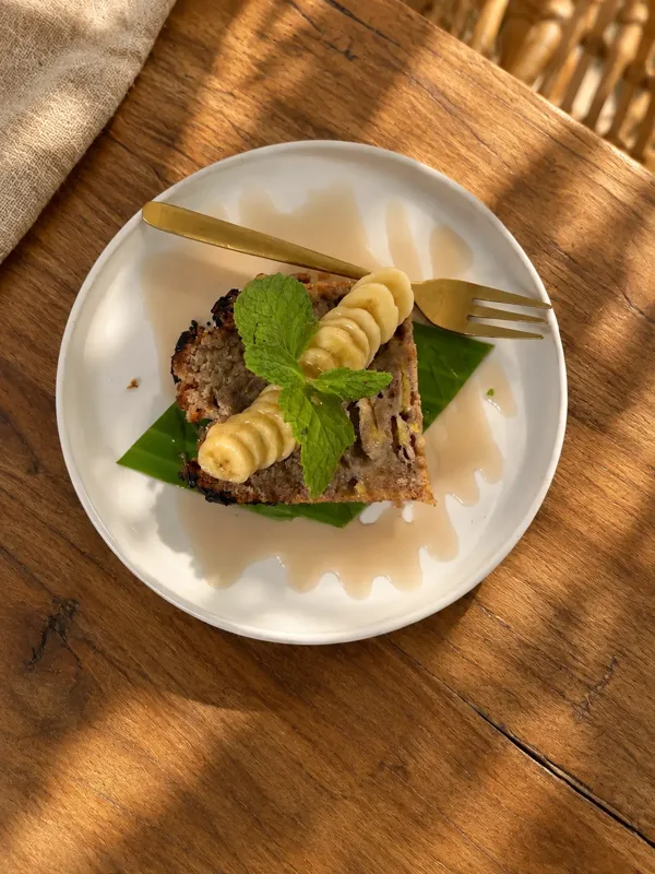 Banana bread with fresh banana and mint at Luana